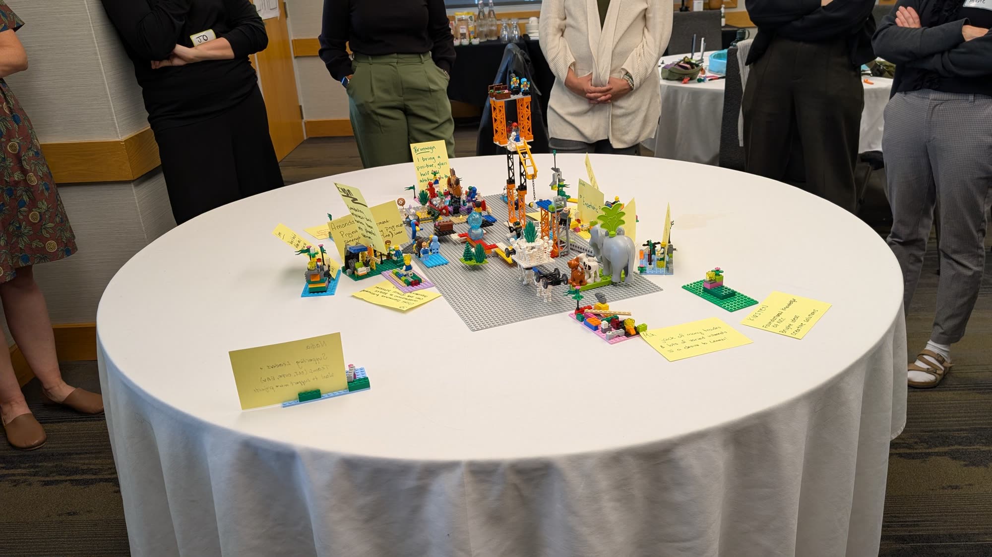 A round table covered in small LEGO builds and hand-written yellow cards, with workshop participants standing around it.